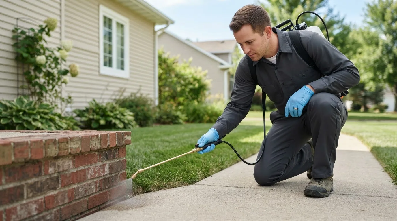 Pest control technician treating a home near Watervliet, MI
