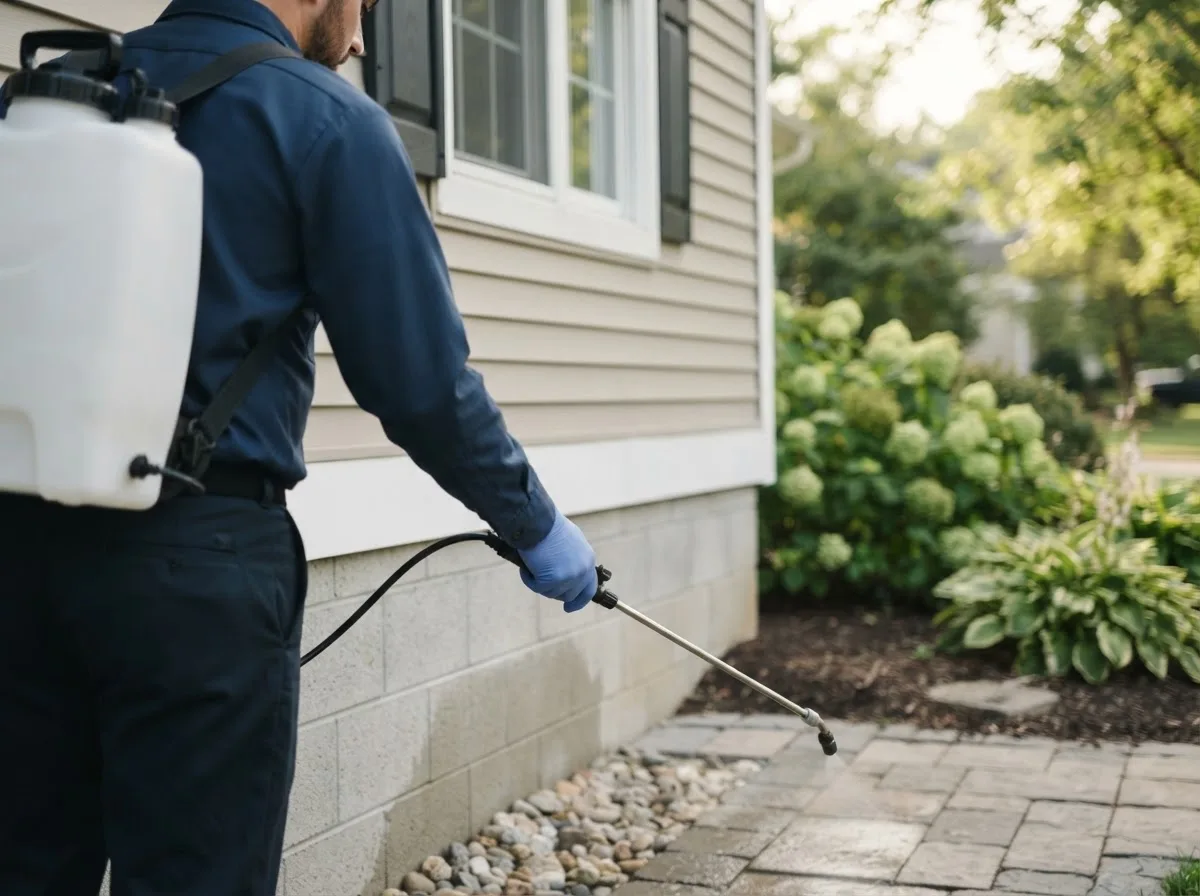 Pest control technician inspecting a home in Watervliet, MI